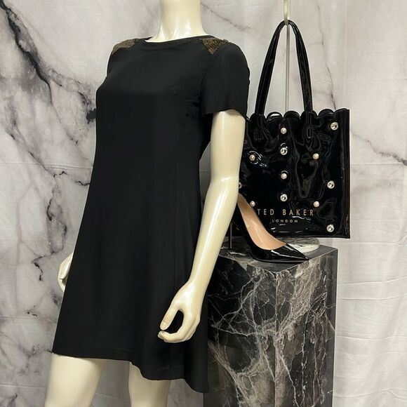 Madewell black silk shift with bronze sequin shoulders cap sleeve - Picture 2 of 5